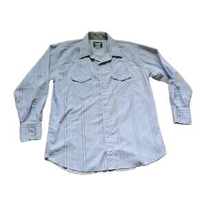 Vintage Wrangler Shirt Mens 18-35 Blue Stripe Pearl Snap Cowboy Western Rodeo